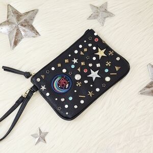 Steve Madden Far Out Space studded wristlet celestial black clutch embroidered